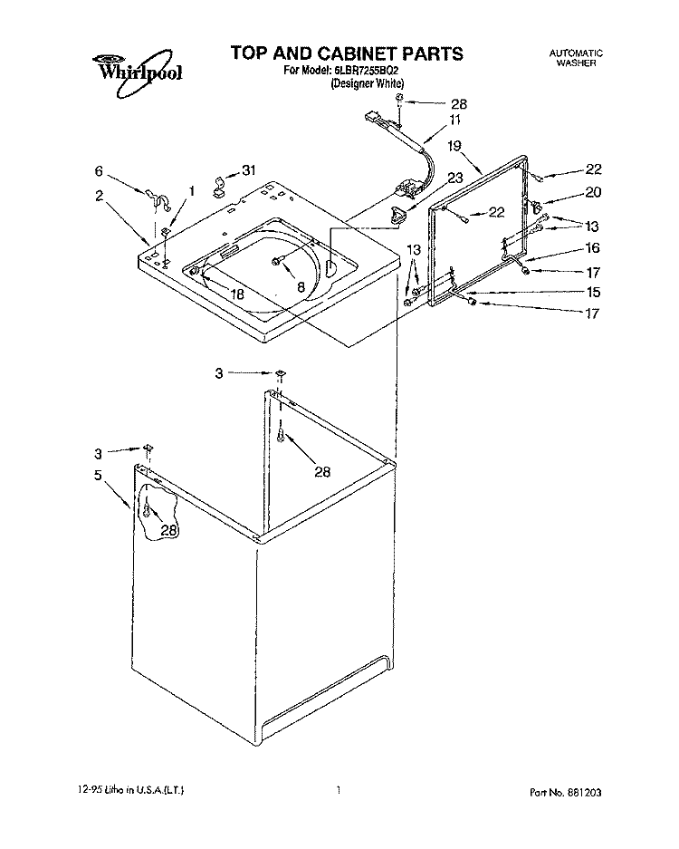 TOP AND CABINET, LIT/OPTIONAL Diagram and Parts List for 6LBR7255BQ2  Whirlpool Washer