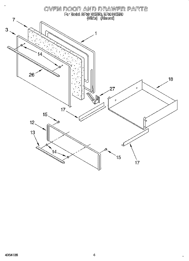 OVEN DOOR AND DRAWER Diagram and Parts List for RF3010XEN0  Whirlpool Range