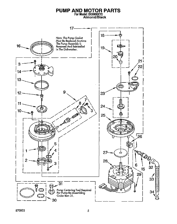 PUMP AND MOTOR Diagram and Parts List for DU8900XY2  Whirlpool Dishwasher