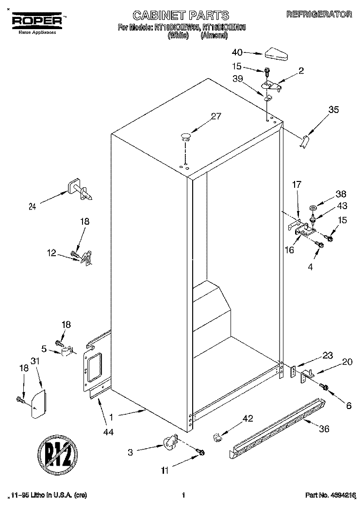 CABINET Diagram and Parts List for RT18DKXEN05  Roper Refrigerator