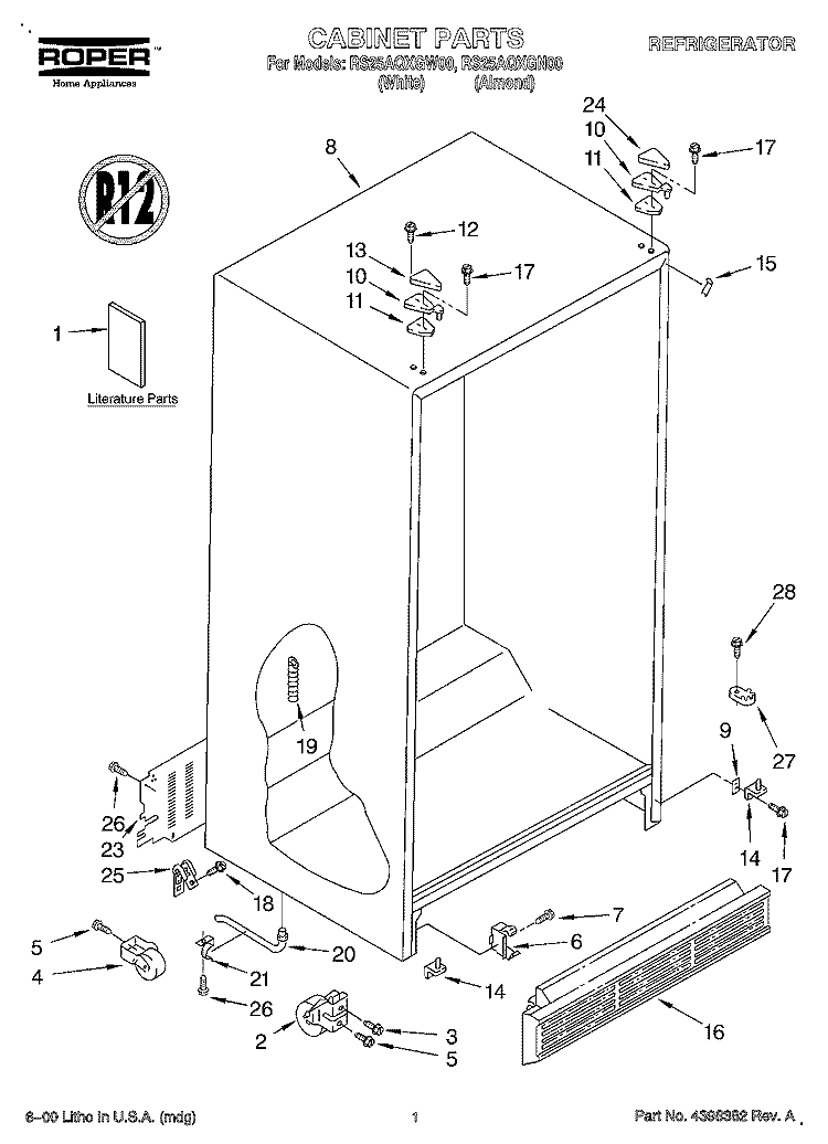 CABINET, LITERATURE Diagram and Parts List for RS25AQXGN00  Roper Refrigerator