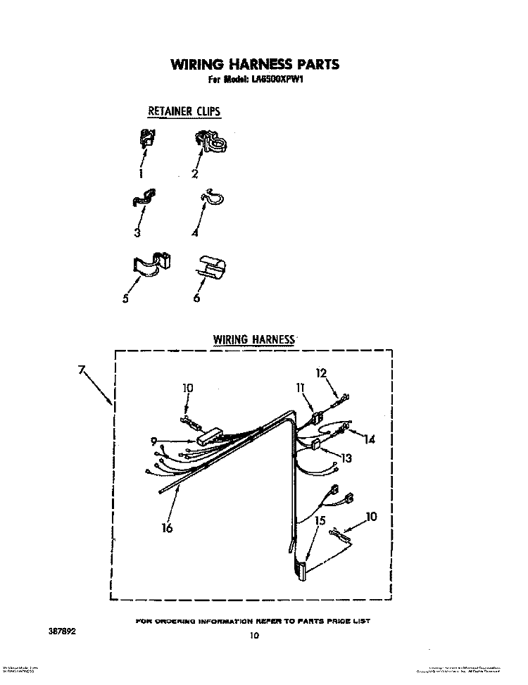 WIRING HARNESS Diagram and Parts List for LA6500XPW1  Whirlpool Washer