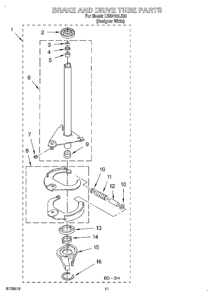 BRAKE AND DRIVE TUBE Diagram and Parts List for LBR4121JQ0  Whirlpool Washer