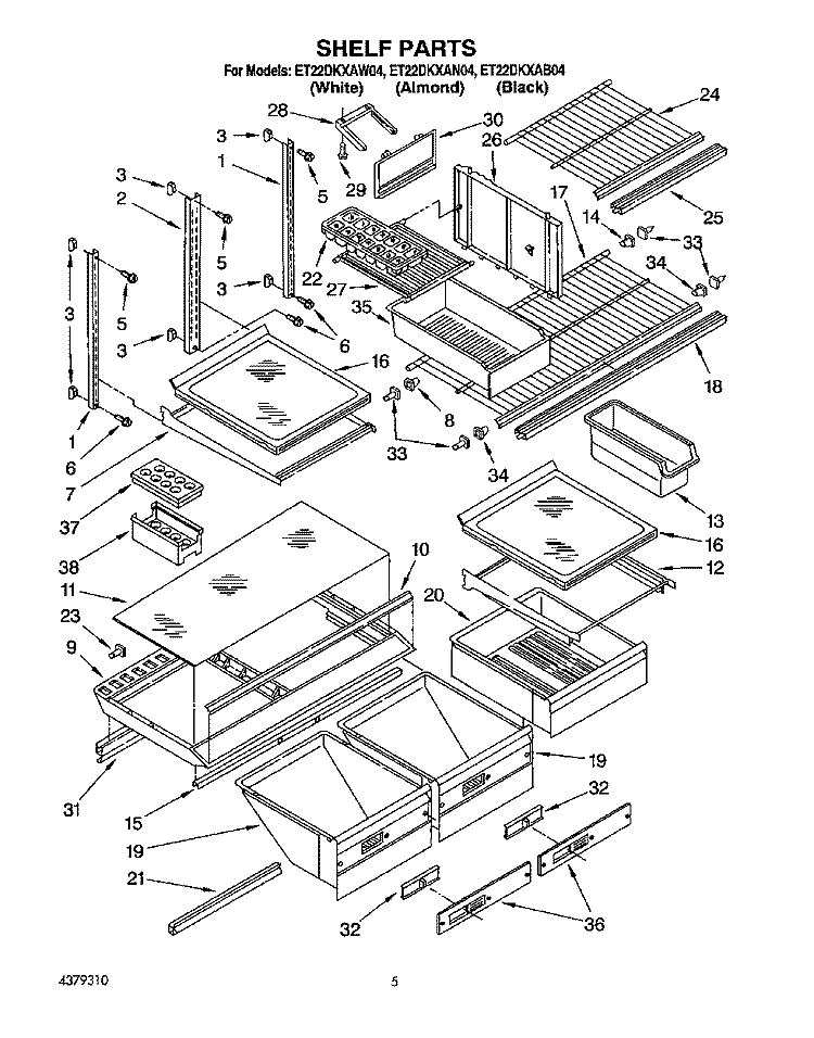 SHELF, LIT/OPTIONAL Diagram and Parts List for ET22DKXAW04  Whirlpool Refrigerator