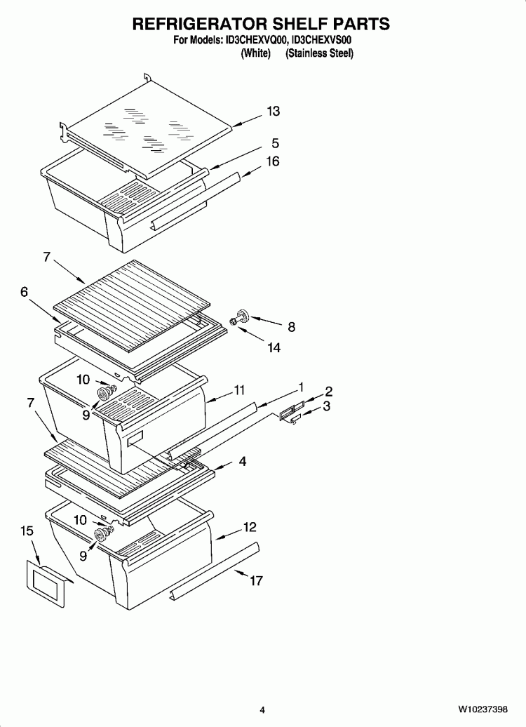 REFRIGERATOR SHELF PARTS Diagram and Parts List for ID3CHEXVQ00  Whirlpool Refrigerator