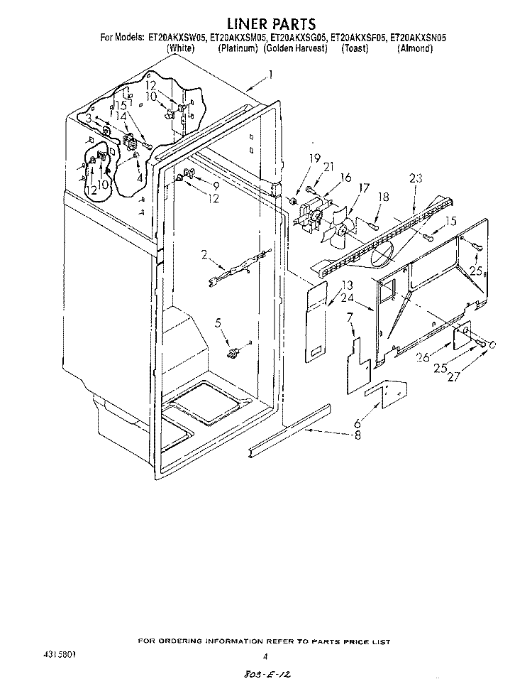 LINER Diagram and Parts List for ET20AKXSW05  Whirlpool Refrigerator