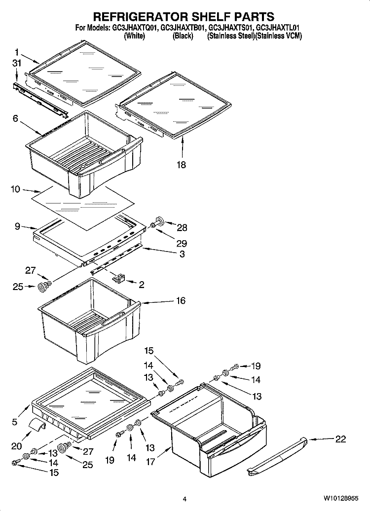 REFRIGERATOR SHELF PARTS Diagram and Parts List for GC3JHAXTB01  Whirlpool Refrigerator