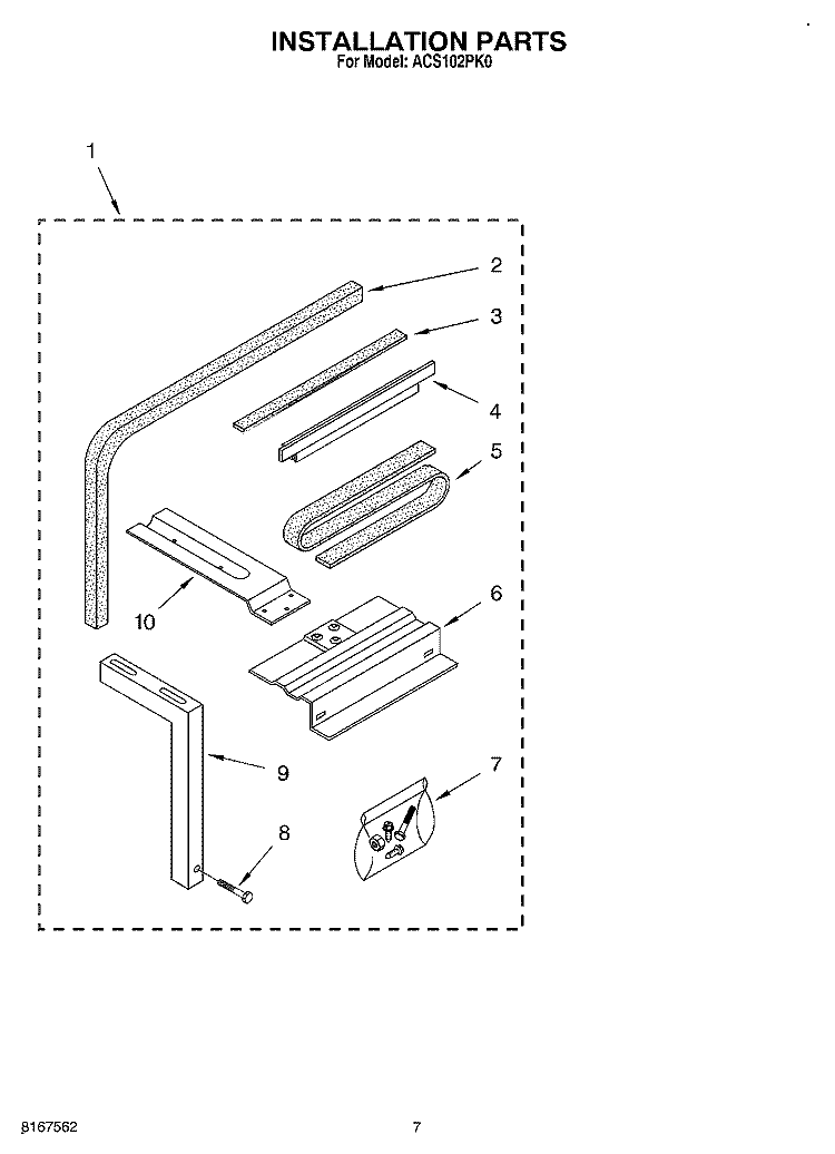 INSTALLATION Diagram and Parts List for ACS102PK0  Whirlpool Air Conditioner