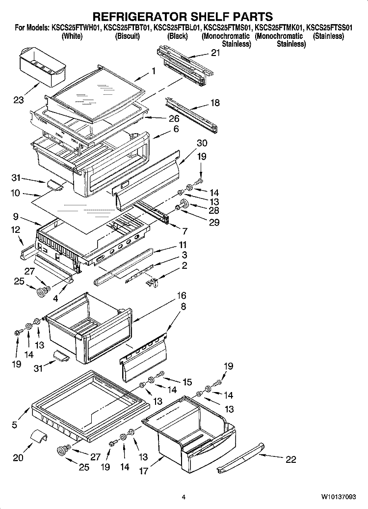 REFRIGERATOR SHELF PARTS Diagram and Parts List for KSCS25FTMK01  KitchenAid Refrigerator