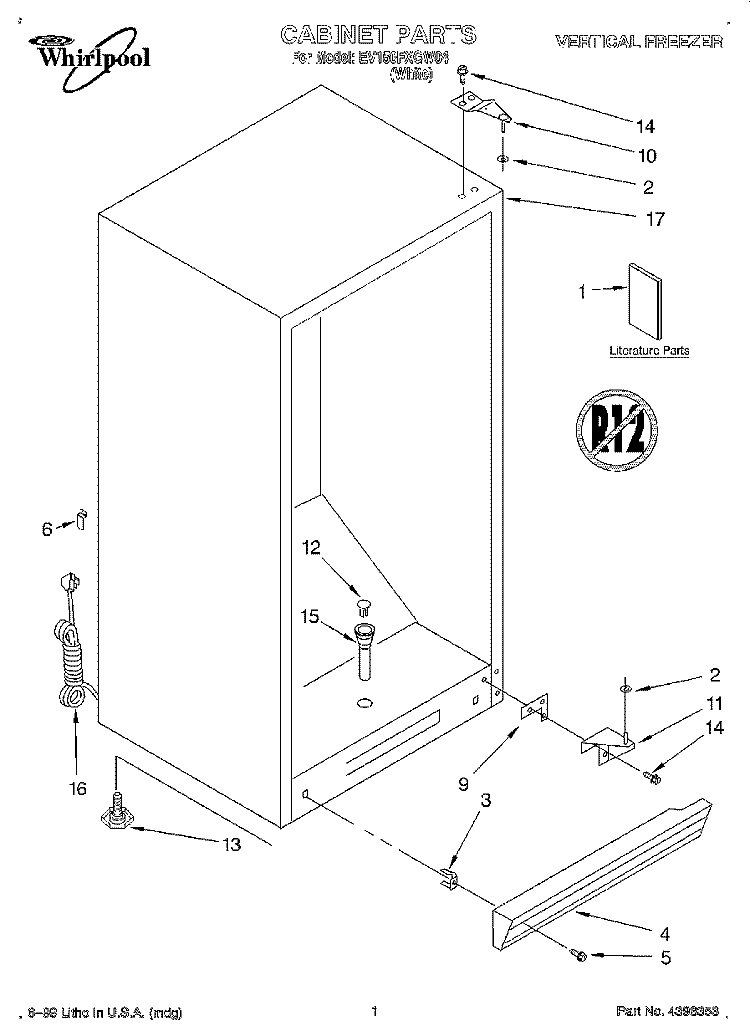 CABINET, LITERATURE Diagram and Parts List for EV150FXGW04  Whirlpool Freezer