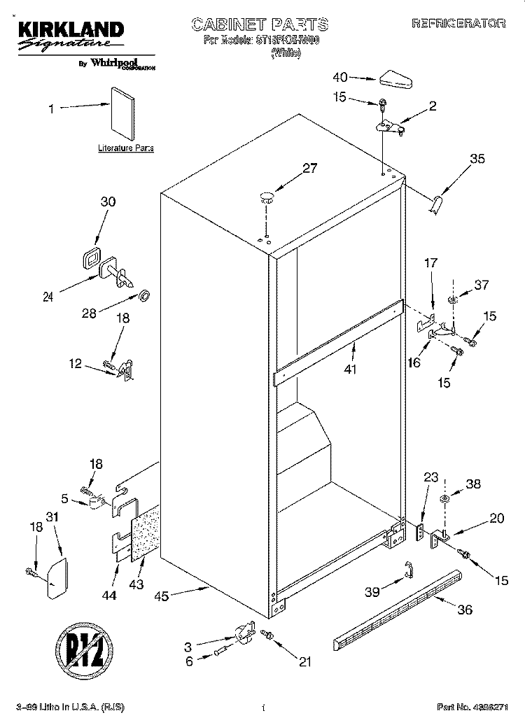 CABINET, LITERATURE Diagram and Parts List for ST18PKXHW00  Whirlpool Refrigerator