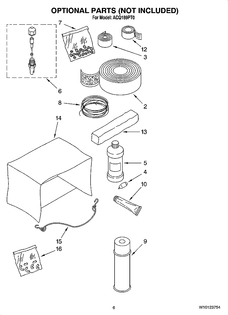 OPTIONAL  PARTS (NOT INCLUDED) Diagram and Parts List for ACQ189PT0  Whirlpool Air Conditioner