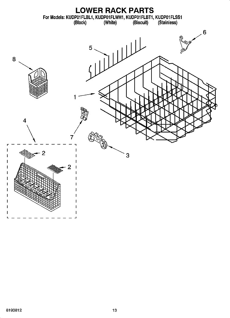 LOWER RACK PARTS Diagram and Parts List for KUDP01FLSS1  KitchenAid Dishwasher
