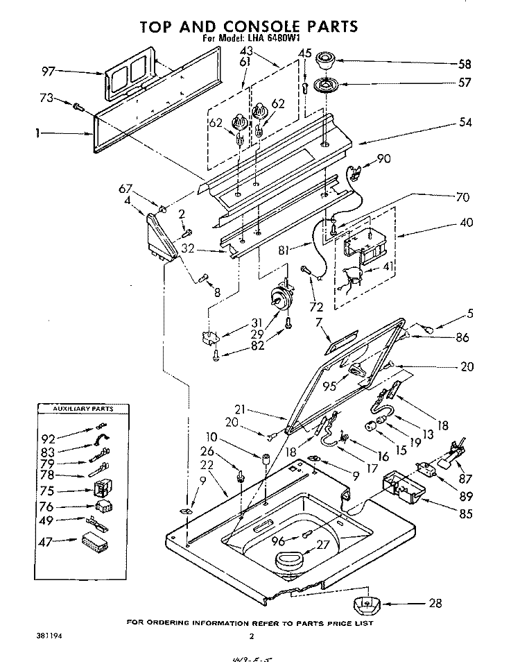 TOP AND CONSOLE , LIT/OPTIONAL Diagram and Parts List for LHA6480W1  Whirlpool Washer