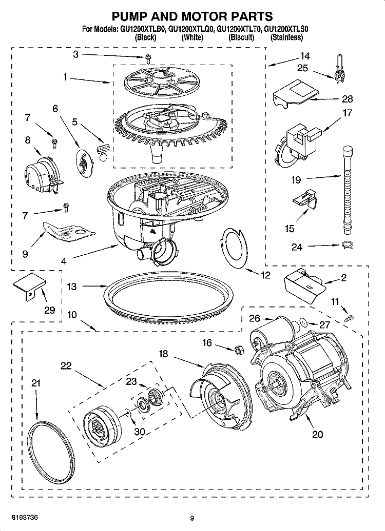 PUMP AND MOTOR PARTS Diagram and Parts List for GU1200XTLB0  Whirlpool Dishwasher
