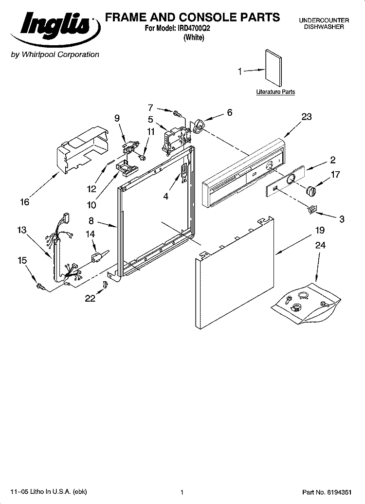 FRAME AND CONSOLE PARTS Diagram and Parts List for IRD4700Q2  Inglis Dishwasher