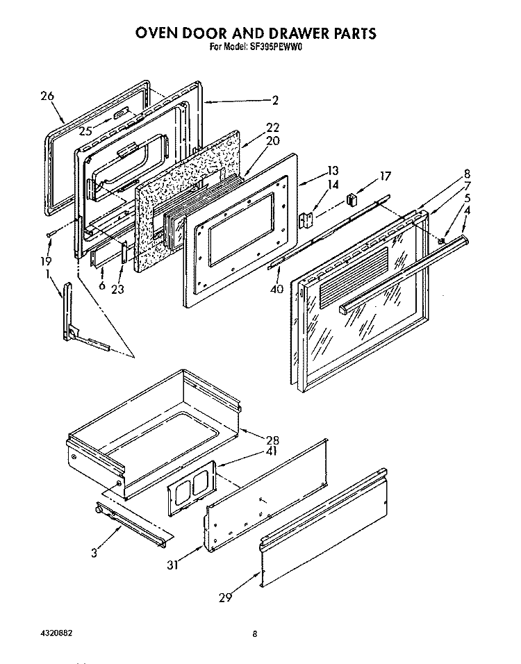 OVEN DOOR AND DRAWER Diagram and Parts List for SF395PEWW0  Whirlpool Range