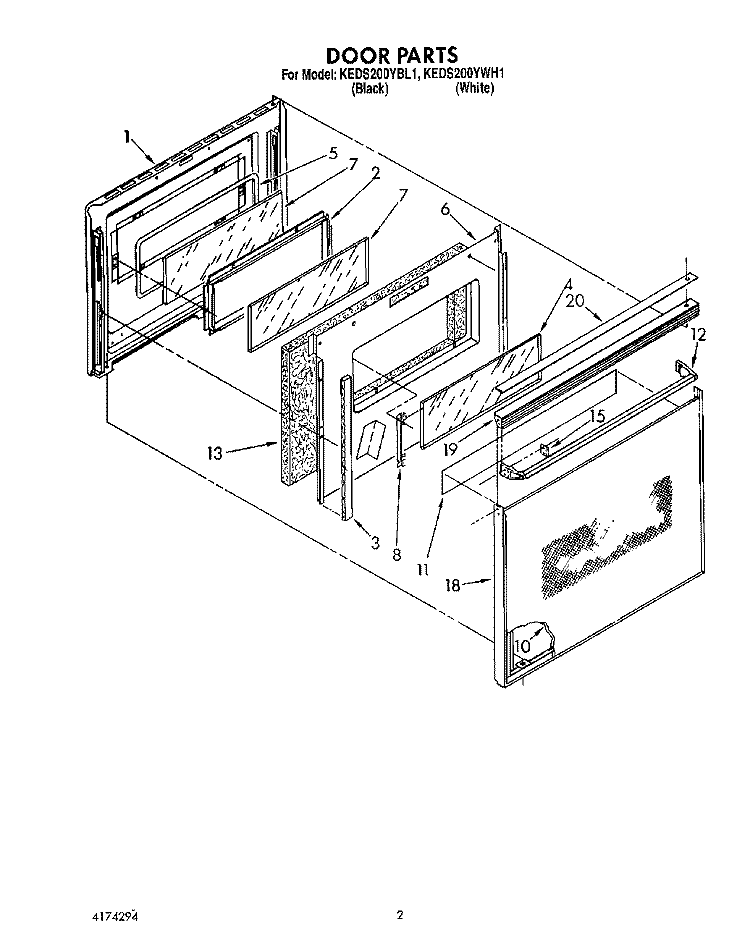 DOOR Diagram and Parts List for KEDS200YBL1  KitchenAid Range