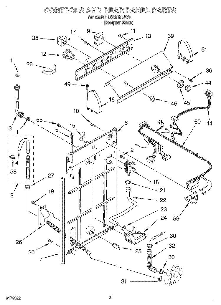 CONTROLS AND REAR PANEL Diagram and Parts List for LSR5121JQ0  Whirlpool Washer