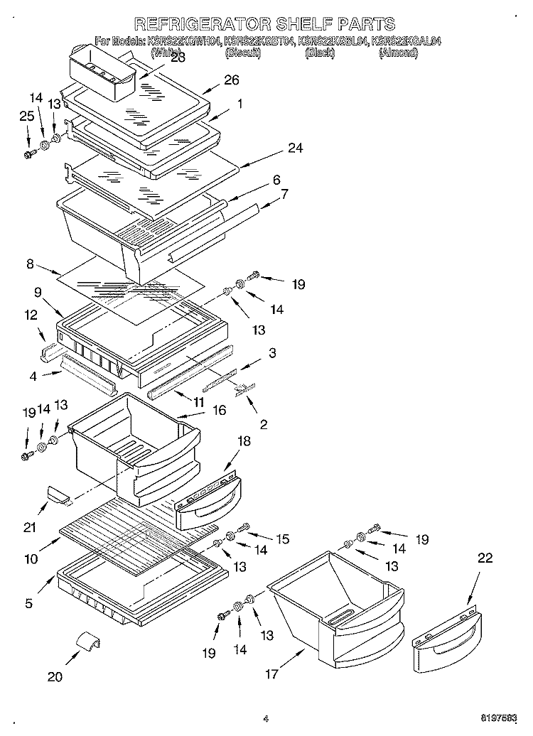 REFRIGERATOR SHELF Diagram and Parts List for KSRS22KGBL04  KitchenAid Refrigerator