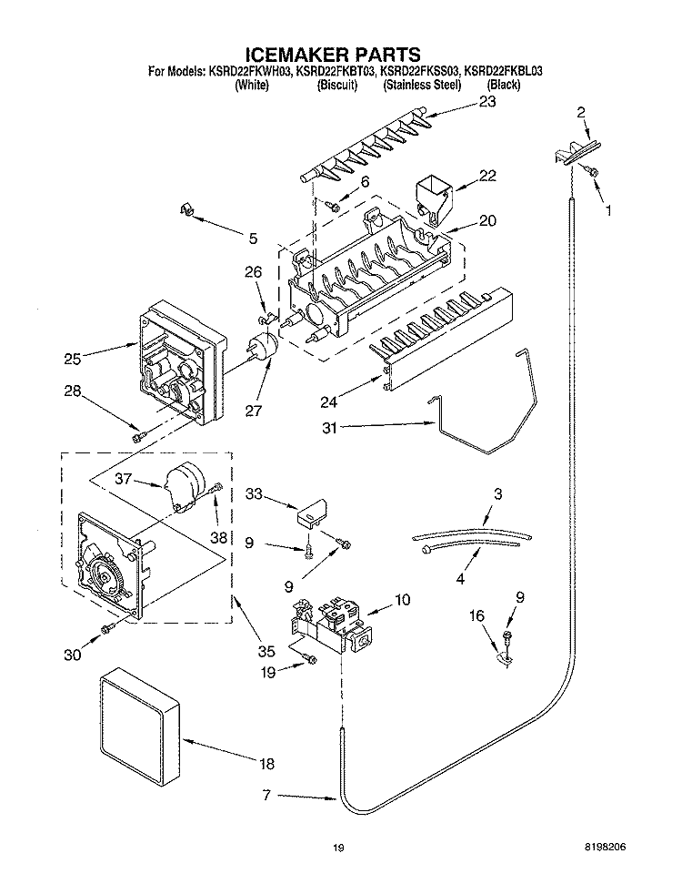 ICEMAKER PARTS, PARTS NOT ILLUSTRATED Diagram and Parts List for KSRD22FKBL03  KitchenAid Refrigerator