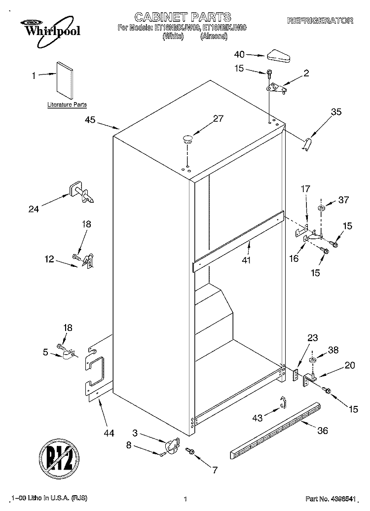CABINET, LITERATURE Diagram and Parts List for ET18NMXJN00  Whirlpool Refrigerator
