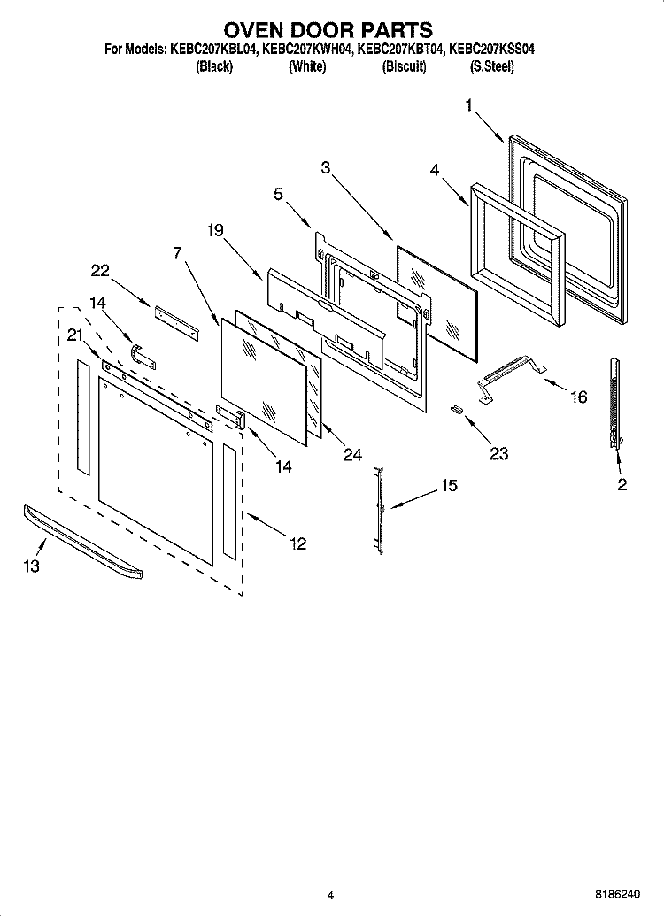OVEN DOOR PARTS Diagram and Parts List for KEBC207KBT04  KitchenAid Wall Oven