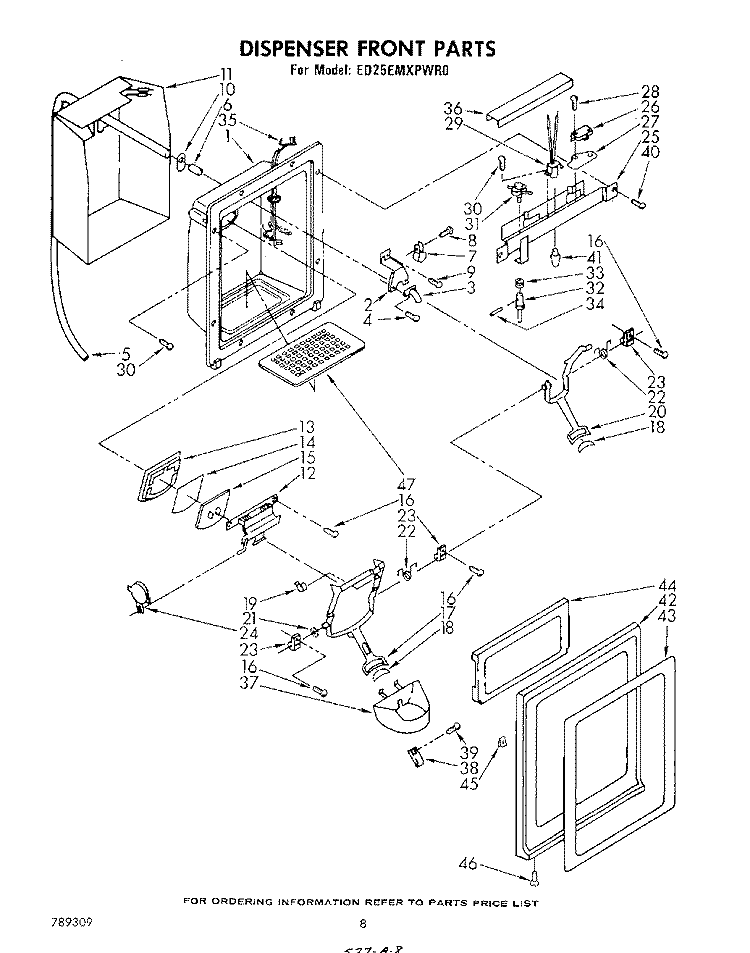 DISPENSER FRONT Diagram and Parts List for ED25EMXPWR0  Whirlpool Refrigerator