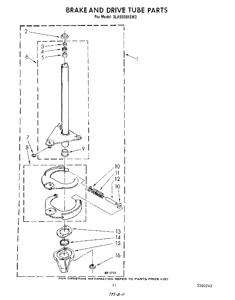 BRAKE AND DRIVE TUBE Diagram and Parts List for 3LA5580XSW2  Whirlpool Washer