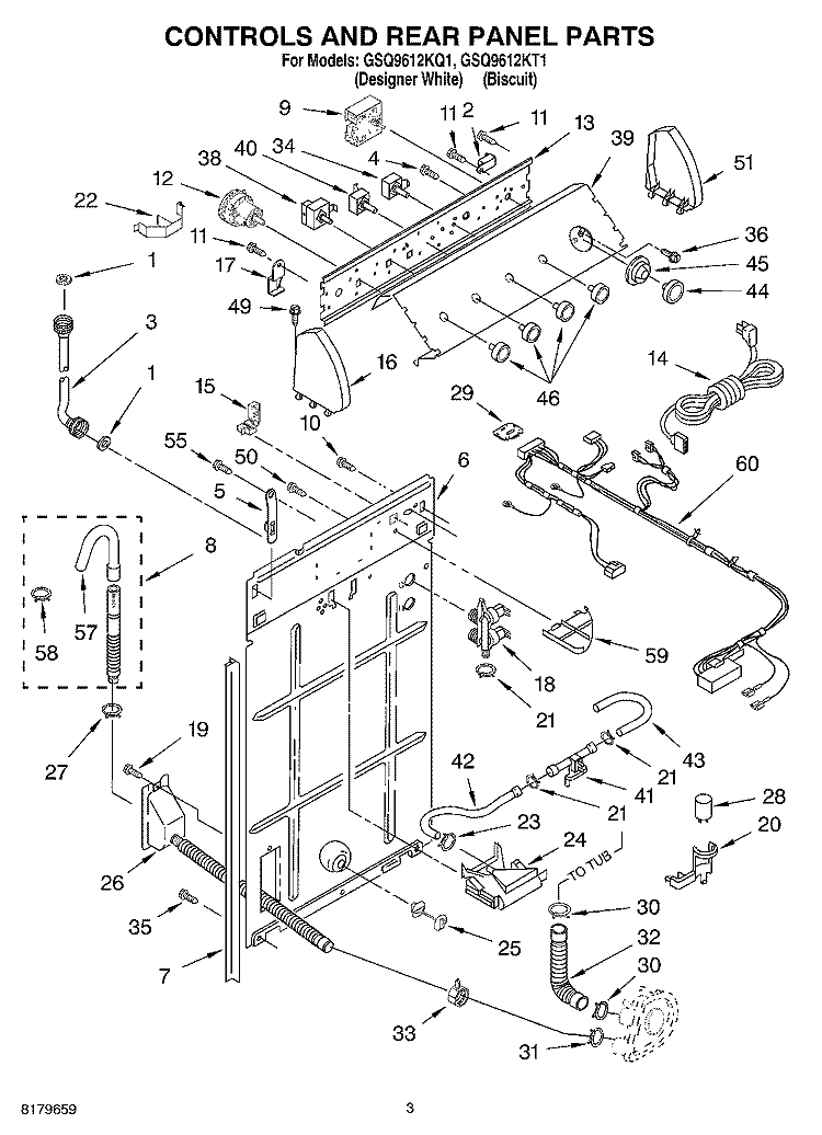 CONTROLS AND REAR PANEL Diagram and Parts List for GSQ9612KT1  Whirlpool Washer