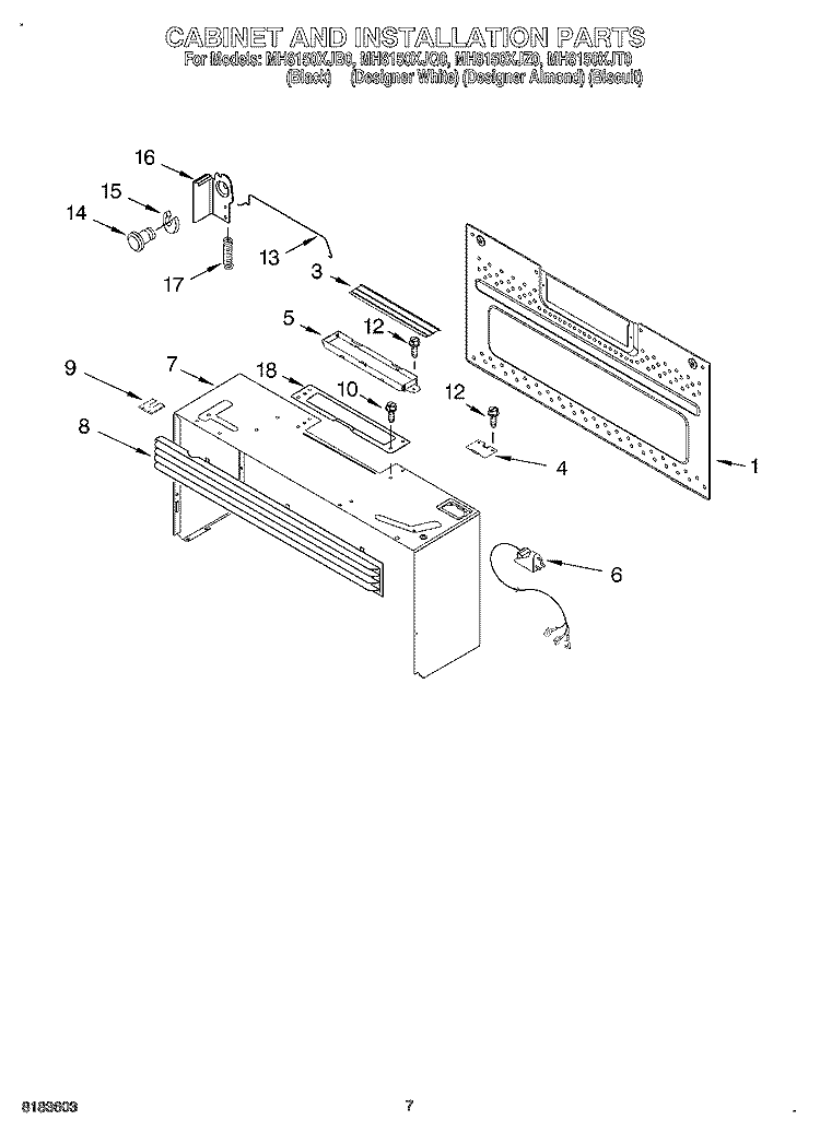 CABINET AND INSTALLATION, OPTIONAL Diagram and Parts List for MH8150XJT0  Whirlpool Microwave