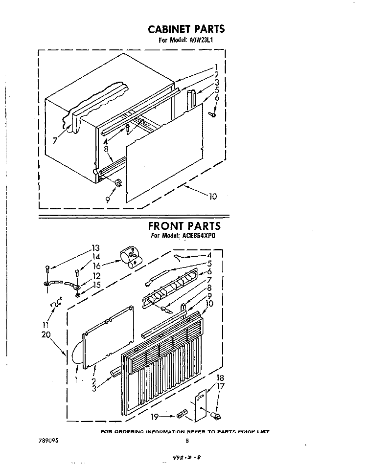 CABINET , FRONT Diagram and Parts List for ACE864XP0  Whirlpool Air Conditioner