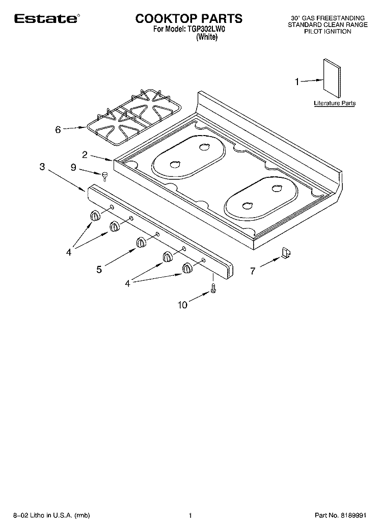 COOKTOP, LITERATURE Diagram and Parts List for TGP302LW0  Estate Range