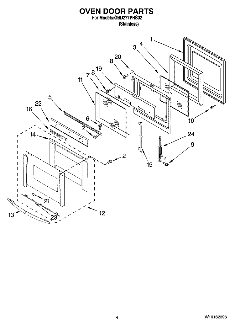 OVEN DOOR PARTS Diagram and Parts List for GBD277PRS02  Whirlpool Wall Oven