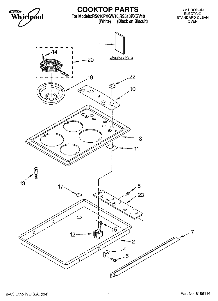 COOKTOP PARTS Diagram and Parts List for RS610PXGW10  Whirlpool Range