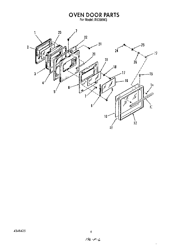 OVEN DOOR Diagram and Parts List for B9308W3  Roper Wall Oven