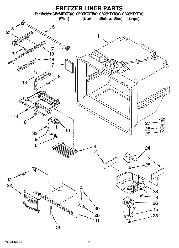 FREEZER LINER PARTS Diagram and Parts List for GB2SHTXTB00  Whirlpool Refrigerator