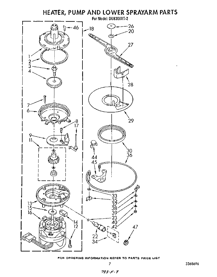 HEATER, PUMP AND LOWER SPRAYARM Diagram and Parts List for DU8300XT2  Whirlpool Dishwasher