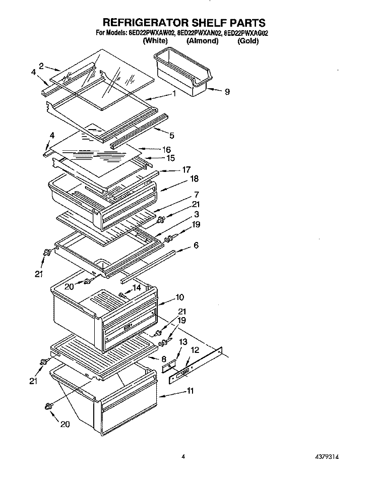 REFRIGERATOR SHELF Diagram and Parts List for 8ED22PWXAW02  Whirlpool Refrigerator