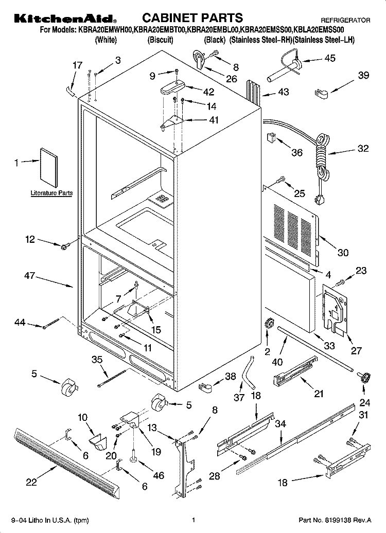 CABINET PARTS Diagram and Parts List for KBRA20EMBT00  KitchenAid Refrigerator