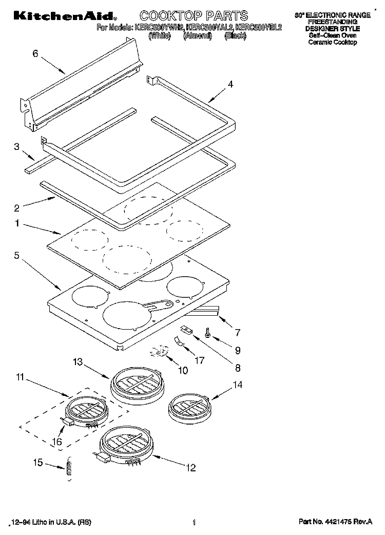 COOKTOP, LITERATURE Diagram and Parts List for KERC500YAL2  KitchenAid Range