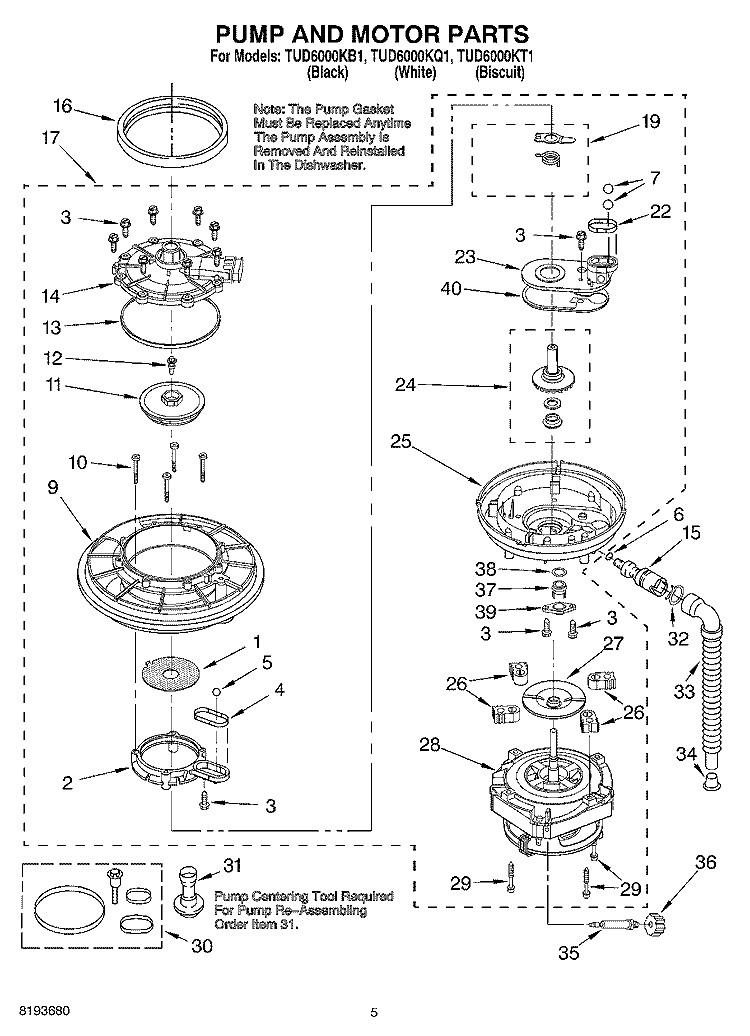 PUMP AND MOTOR Diagram and Parts List for TUD6000KB1  Estate Dishwasher