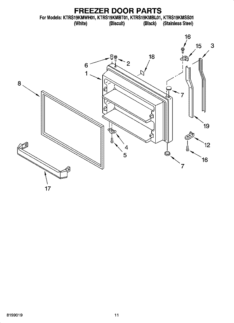 FREEZER DOOR PARTS, OPTIONAL PARTS Diagram and Parts List for KTRS19KMWH01  KitchenAid Refrigerator