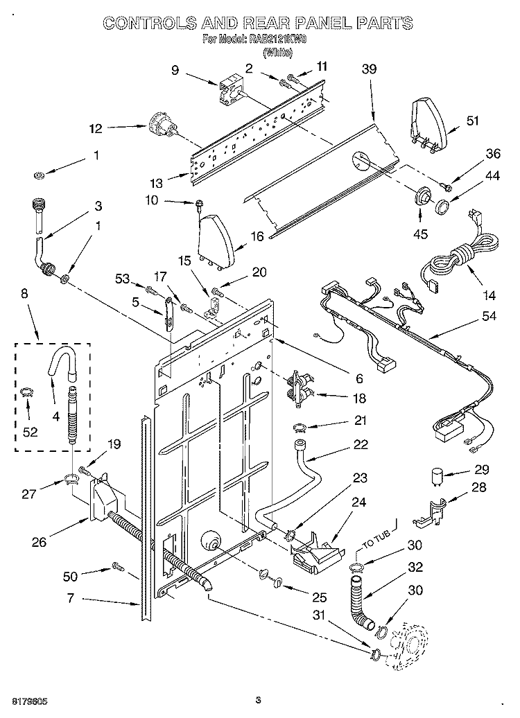 CONTROLS AND REAR PANEL Diagram and Parts List for RAB2121KW0  Roper Washer