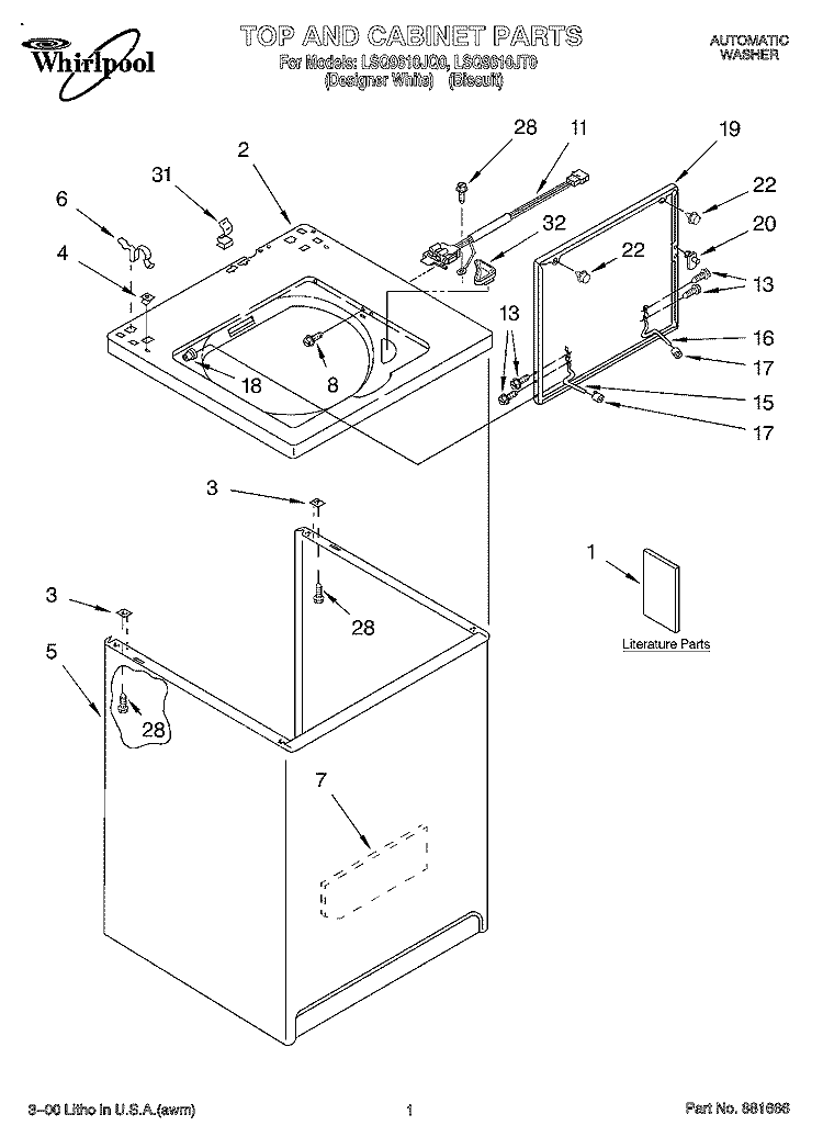 TOP AND CABINET, LITERATURE Diagram and Parts List for LSQ9610JT0  Whirlpool Washer