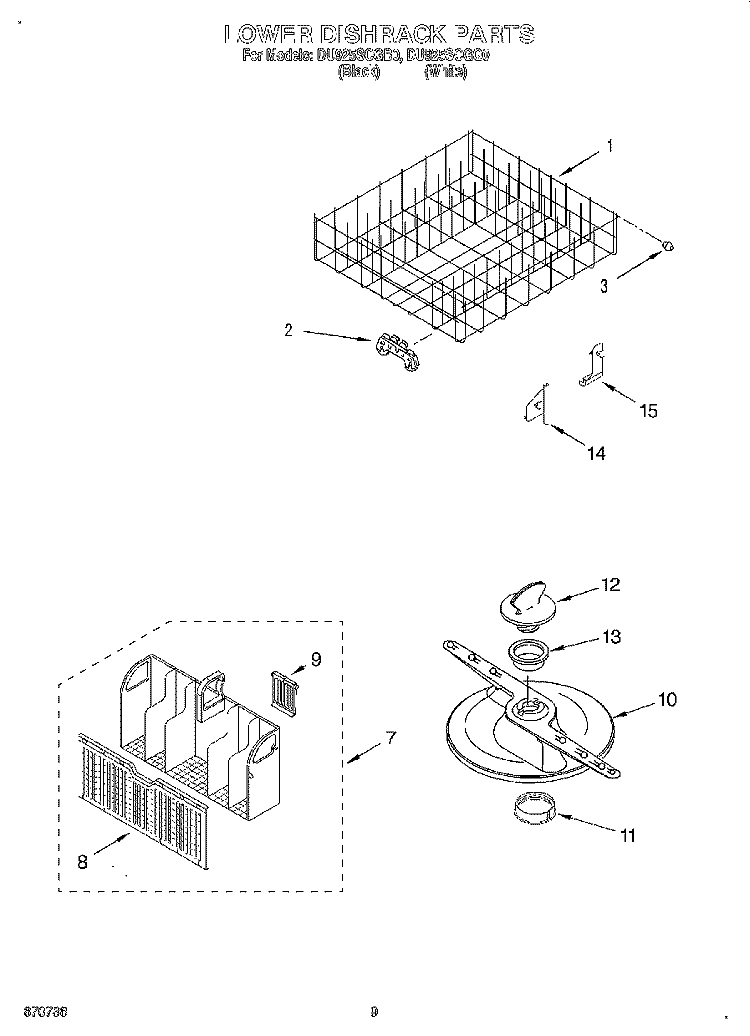 LOWER DISHRACK Diagram and Parts List for DU925SCGB0  Whirlpool Dishwasher