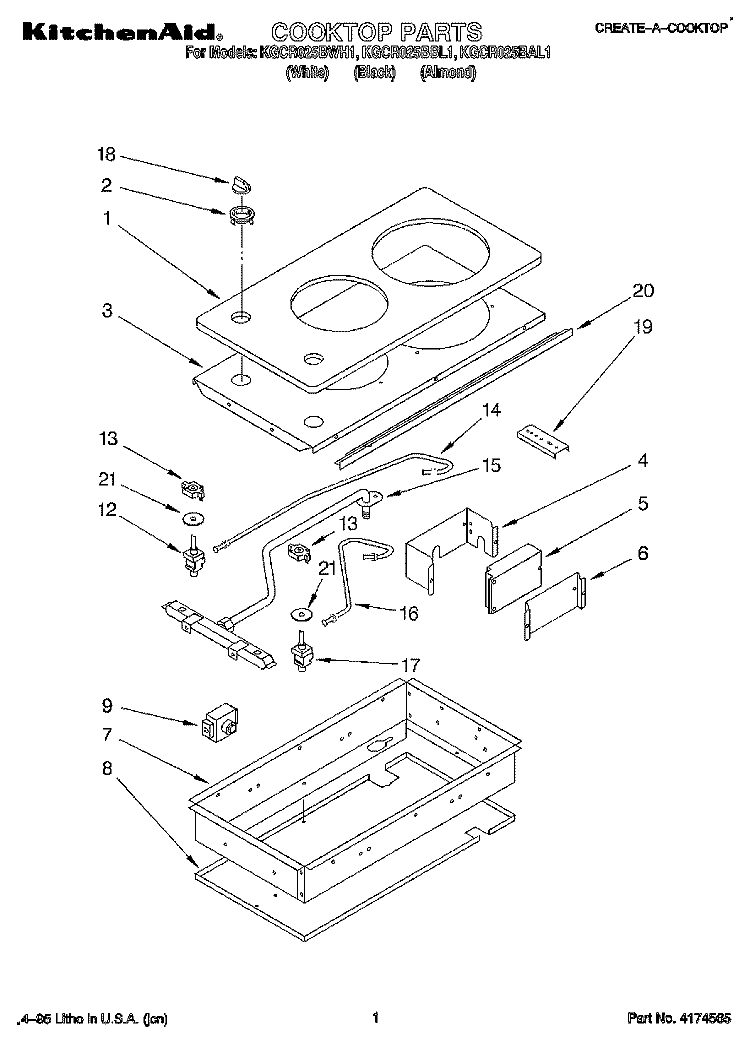 COOKTOP PARTS Diagram and Parts List for KGCR025BAL1  KitchenAid Cooktop