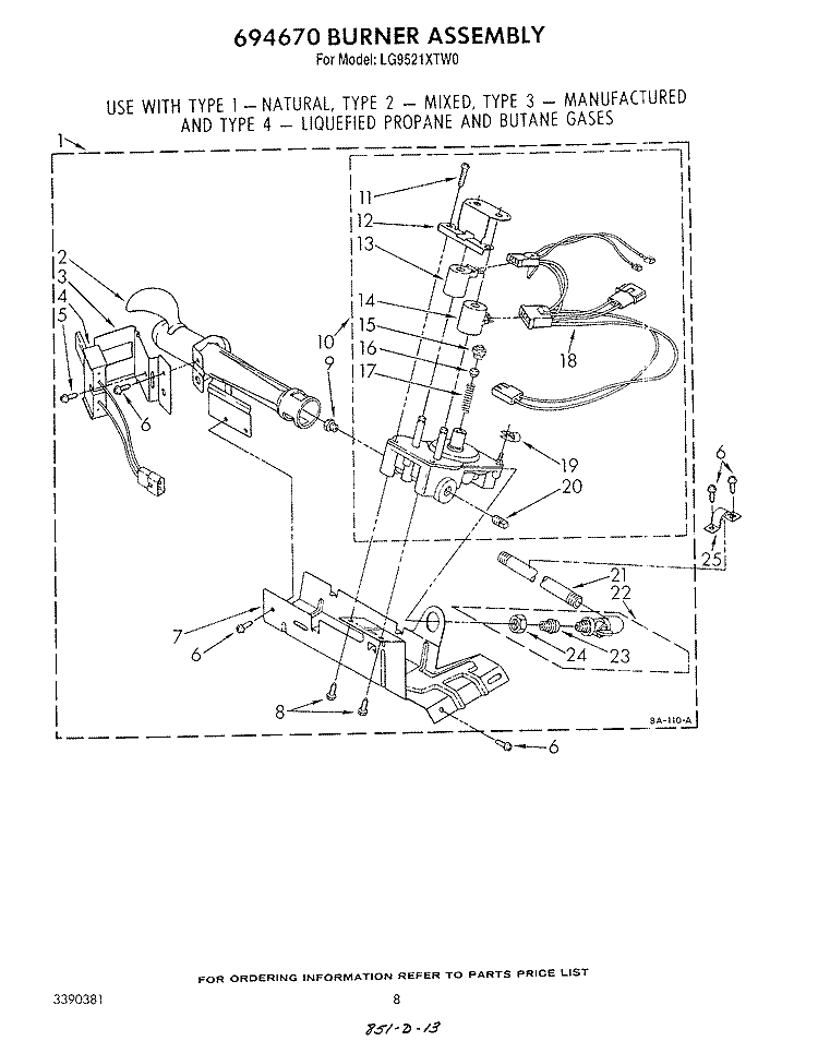 694670 BURNER Diagram and Parts List for LG9521XTW0  Whirlpool Dryer
