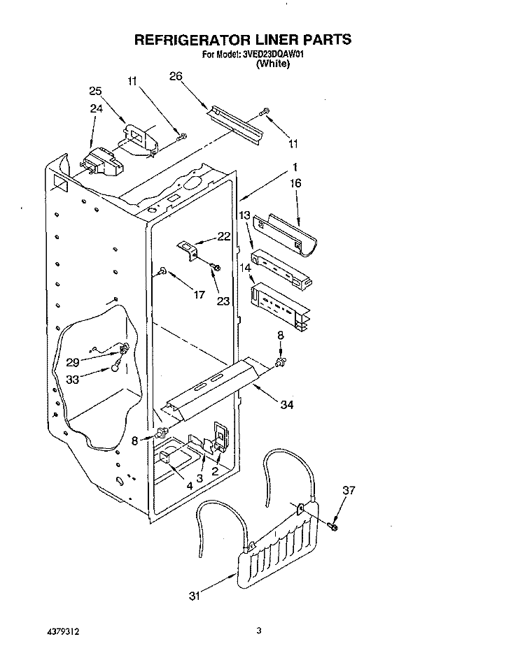 REFRIGERATOR LINER Diagram and Parts List for 3VED23DQAW01  Whirlpool Refrigerator