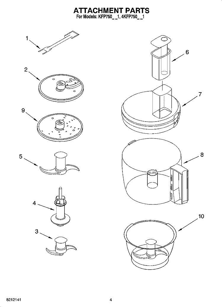 ATTACHMENT PARTS Diagram and Parts List for 4KFP750OB1  KitchenAid Food Processor